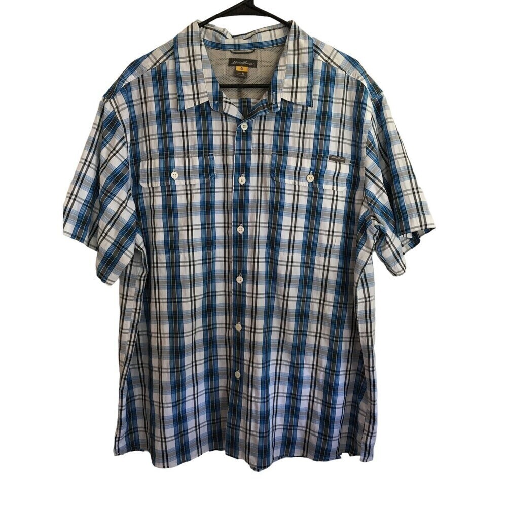 Eddie Bauer Shirt Men's Size XL Blue Black Plaid Button Up Short Sleeve